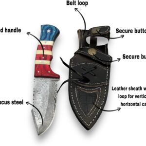 Handmade Damascus Steel Hunting Skinning Knife with Leather Sheath | 9'' Hand Forged Full Tang Fixed Blade Damascus Knives For Men and Women | EDC Razor Sharp Blade Bushcraft Camping Survival Knifes with Belt loop for Vertical and Horizontal Carry, American Flag USA 1219