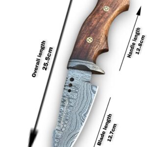 BUSHCRAFTS Damascus Hunting Knife with Sheath, Full-tang Fixed Blade Knife, Outdoor Knives for Survival, Camping, Hiking Knives for men Horizontal carry Wood Handle