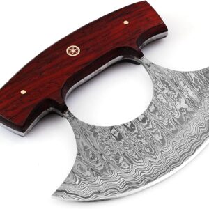 Bushcraft Custom Handmade Damascus Steel Ulu Knife – Best Alaskan Damascus Ulu Knife With Sheath – Multi-Purpose Damascus Knives For Skinning, Hunting, Chopping, (Red Padauk)