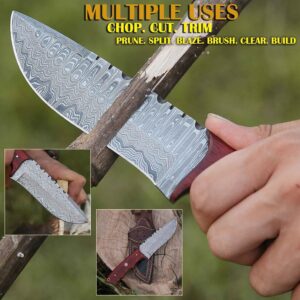 Handmade Damascus Hunting Knife With Leather Sheath 10 inch Fixed Blade Tactical Survivall Belt Knife for Horizontal Carry Hand Forged Damascus Steel Skinning Bushcraft Camp Knives For men (Red Padauk Wood)