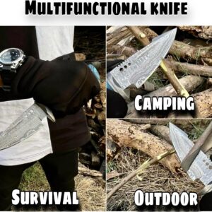 Handmade Damascus Hunting Knife For Skinning Camp Outdoor Damascus Steel Survival Hunting Bowie Knife With Horizontal Carry Sheath 10 INCH Fixed Blade Damascus Hunting Belt Knife for Camping, Bushcraft Ergonomic Blue wood Handle | Cool Knives For Men Tactical