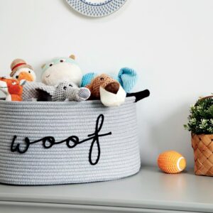 DAMASK HUT Woof Dog Toy Basket Woven Pet Baskets Storage Bin Box with Durable Handles, Pet Supplies Puppy Bins Perfect for Organizing Dog Toys Blankets and Accessories