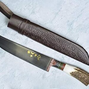Genuine Handmade Uzbek Chefs Knife Pchak – Deer Horn Handle – 11 Inches – Uzbek Pchak – Ethnic Sheath – Uzbekistan Knife Pichok