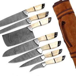 Professional Kitchen Knives Custom Made Damascus Steel  pcs of Utility Chef Knife Set with Chopper/Cleaver Pocket Case Roll Bag (Red)