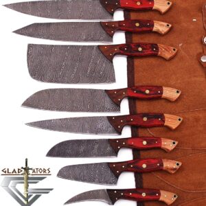 Professional Kitchen Knives Custom Made Damascus Steel 8 pcs of Utility Chef Knife Set with Chopper/Cleaver Pocket Case Roll Bag (Red)