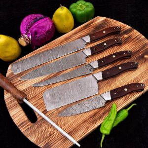 Professional Kitchen Knives Custom Made Damascus Steel pcs of Utility Chef Knife Set with Chopper/Cleaver Pocket Case Roll Bag (Red)