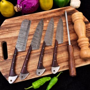 Professional Kitchen Knives Custom Made Damascus Steel pcs of Utility Chef Knife Set with Chopper/Cleaver Pocket Case Roll Bag (Red)